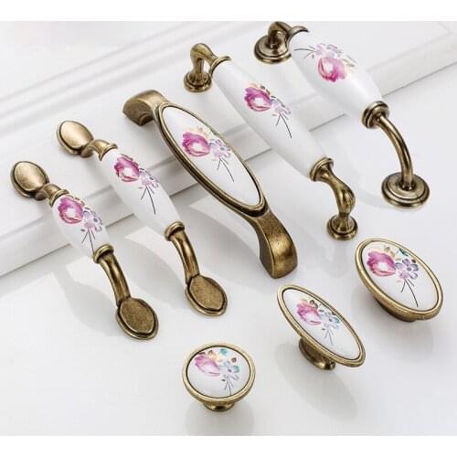 European antique copper ceramic handle, garden tulip flower wardrobe door drawer cupboard handle kitchen cabinet pulls