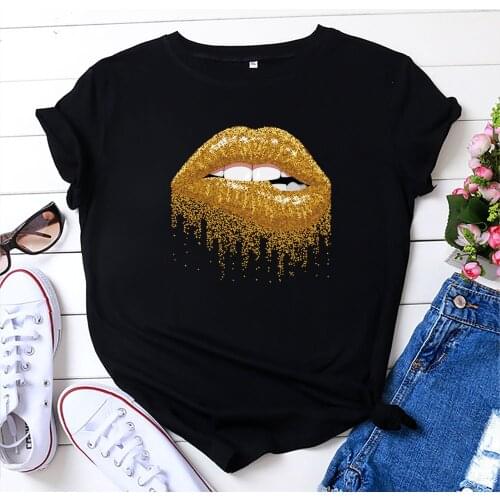 100% Cotton Summer New Womens T-shirt O-Neck Harajuku Shiny Gold Lips Print Top Casual Female T shirt Oversized Size S-5XL