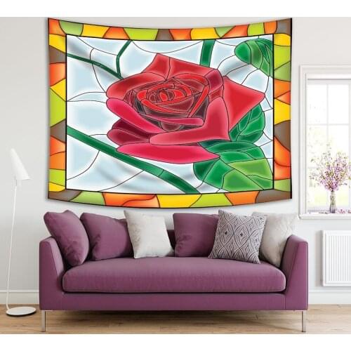 Tapestry Rose in Stained Glass Window with Frame Flower Leaves Garden Classic Decorative Red Green Orange Yellow Art Print
