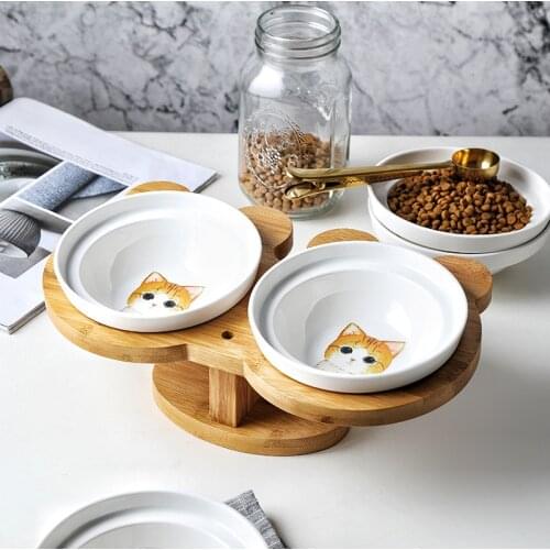 Hot Sale High-end Pet Bowl Bamboo Shelf Ceramic Feeding and Drinking Bowls for Dogs Cats Double Bowls Pet Feeder Accessories