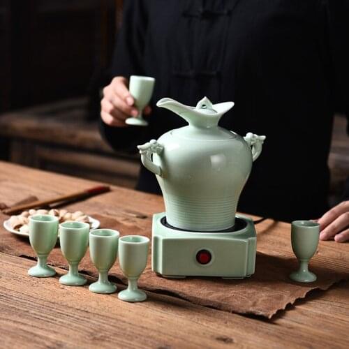 Ceramic yellow white rice electric heating wine boiling household Japanese celadon pot high foot wine cup sake wineware bar set