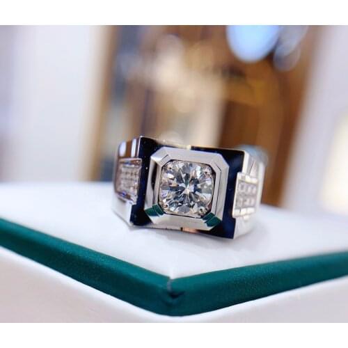 18K White Gold Real 1.0carat H color VS Round Cut Diamond Wedding Men Ring with Side Stone 0.29ctw Diamond Fine Ring Engagement