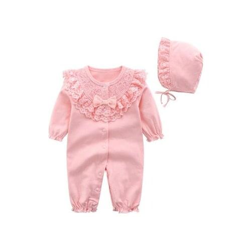 Long Sleeve Newborn Baby Girl Clothes Sets Lace Bow Princess baby Jumpsuit + Hats pink princess romper 0 3 6 months Sleeping Bag