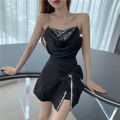 Lucyever 2021 Summer Sexy Sequins Set Skirt Women Bright Drill Spaghetti Strap Tops and Bow Crystal Side Open A-skirt Woman