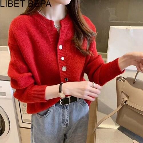 New 2021 Womens Autumn Winter Sweaters Buttons Short Cardigans Oversized Knitted Vintage Korean Elegant Lady Tops SWC1357JX