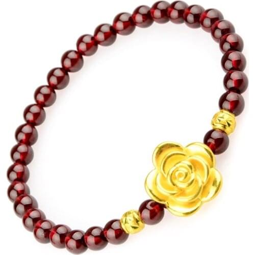 Solid 24k Yellow Gold Bracelet Rose Bead with Gold Bead Red Garnet Bracelet