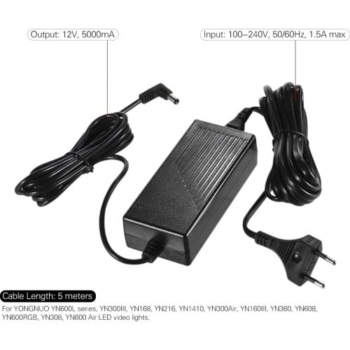 YONGNUO Switch AC Adapter 12V 5A for Yongnuo LED Video Light YN600/YN600II/YN300AIR/YN160III/YN300III/YN216/YN168/YN360/YN608/YN