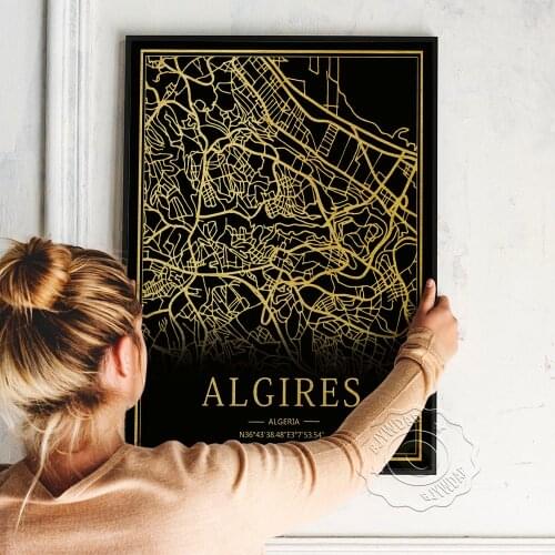 Mediterranean Coast Algires Map Poster, Black Golden Algires Satellite Image Line Art Prints, Nordic Vintage Home Wall Decor