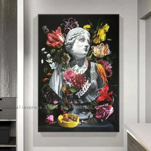 Ancient Greek Statue Canvas Painting Posters and Prints Classic Oil Flowers Wall Art Pictures for Living Room Home Decor