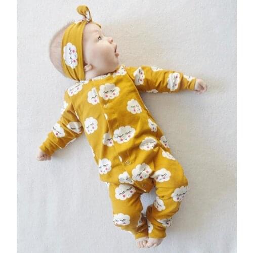 Baby Kids Girls White Cloud Long Sleeve Romper Jumpsuit cotton+ Headband 2pcs Outfit Infant Kids Clothing