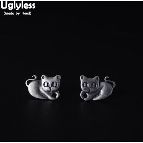 Uglyless 100% Real 925 Sterling Silver Cats Stud Earrings for Women Handmade Thai Silver Cat Studs Wild Creative Earrings Bijoux