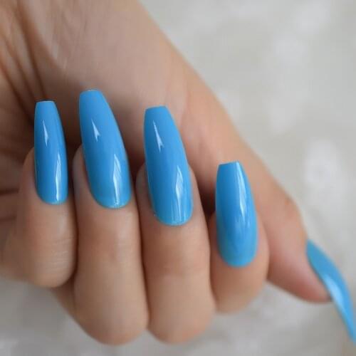 Neon Blue Extra Long Fake Nails Acrylic Shiny Surface Coffin Full Cover Glossy False Nail Long Ballerina Nails 24pcs
