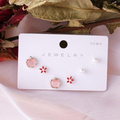 Ethnic Red Flower Pink Opal Stud Earrings Set for Women Korean Fashion Jewelry Silver 925 Stud Earrings Set Hot Sale oorbellen
