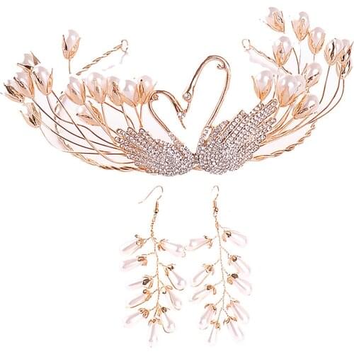 Vintage Gold Swan Pearl Handmade Tiara and Crowns Earring Set Bridal Diadem Headpiece Women Wedding Hair Jewelry Accessories SL