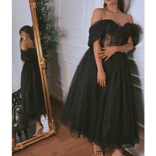 Vintage Arabic Short Black Off Shoulder Tulle Evening Dresses Tea Length Zipper Back Formal Party Gowns for Women