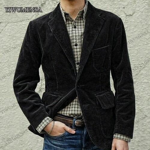 Green Corduroy Mens Suits Blazer Notch Lapel Jackets Causal Single-Breasted Two Buttons Custom Made Male Casual Clothing 2021