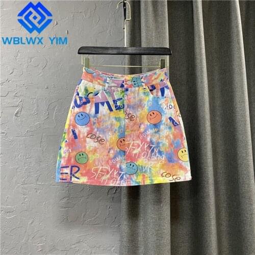 Streetwear Women High Waist Denim Skirt Fashion Print Tie dye Short A-Line Skirt Female Spring Summer Loose Jeans Mini Skirts