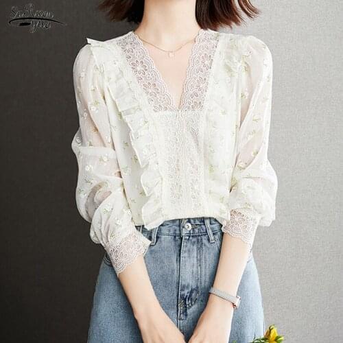 Autumn New Causal Lace V-neck Blouse Women Sweet Fungus Long-sleeve Shirt Printed Ruffled Elegant Blouse Blusones De Mujer 16555