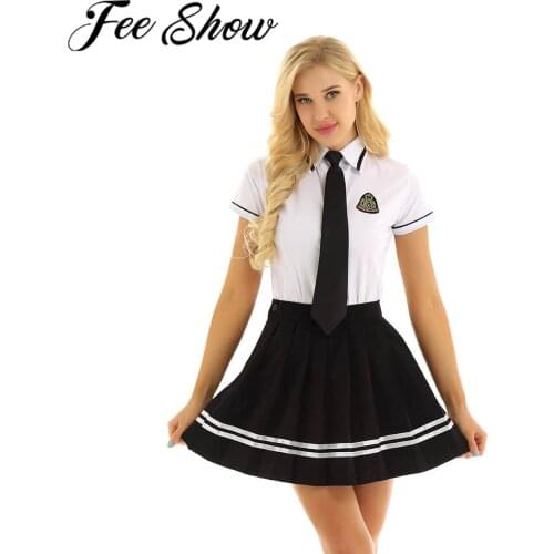 Women Japanese Schoolgirl Uniforms British Style School Uniform Anime Costume White T-shirt Top Black Pleated Skirt & Badge Tie