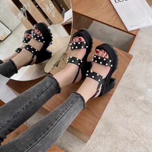 Exquisite Pearl 11cm Super High Heel Wedge Heel Fashion Buckle European And American Open Toe Summer New Ladies Sandals