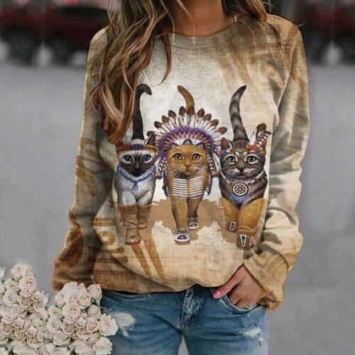 Women T-Shirts Casual Cat Animal Funny Pattern Thermal Crewneck Long Sleeve Loose Harajuku Comfy Tunic Tops T shirt Feminina