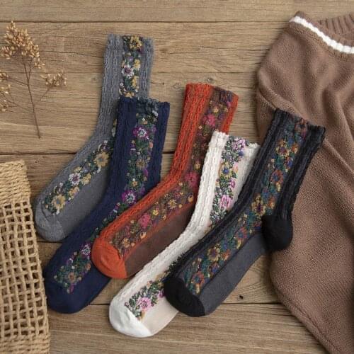 Woman Socks Retro vintage Style Flower needlework weave Lace Cotton Socks Women Spring Autumn Japanese Harajuku
