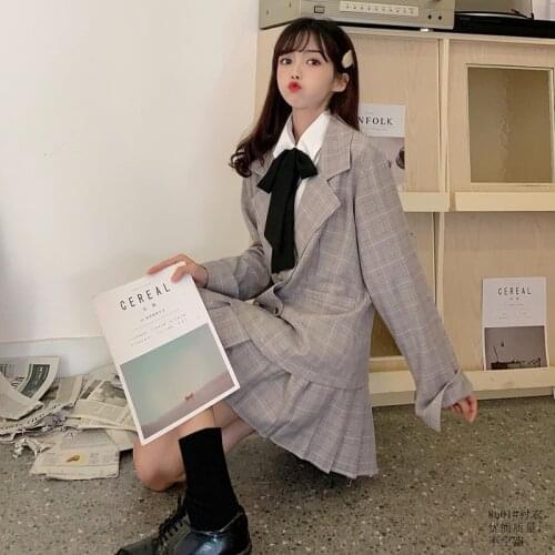 2020 Spring plaid suit double-breasted coat ride white shirt high waist pleated skirt fashion network red set female jk women