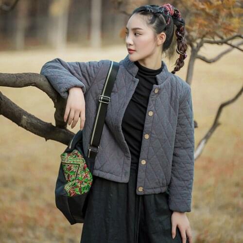 Johnature Women Vintage Button Jackets Argyle Winter Coats Stand Long Sleeve Warm 2020 New Jacquard Chinese Style Jackets Coats