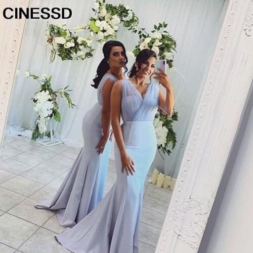 2021 Mermaid Long Bridesmaid Dresses Sleeveless V-neck Light Blue Satin Women Wedding Party Dress Vestidos Formal Gowns