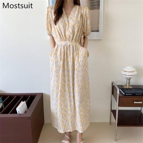 Chic Korean Printed Women Long Dress Summer Short Sleeve V-neck Sashes Midi Dresses Elegant Vintage Pockets Ladies Vestidos 2021