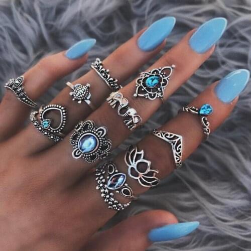 13 Stks/set Vrouwen Mode Punk Olifant Schildpad Hart Bloem Kroon Gem Crystal Zilver Kleur Joint Ring Lady Party Ring Set