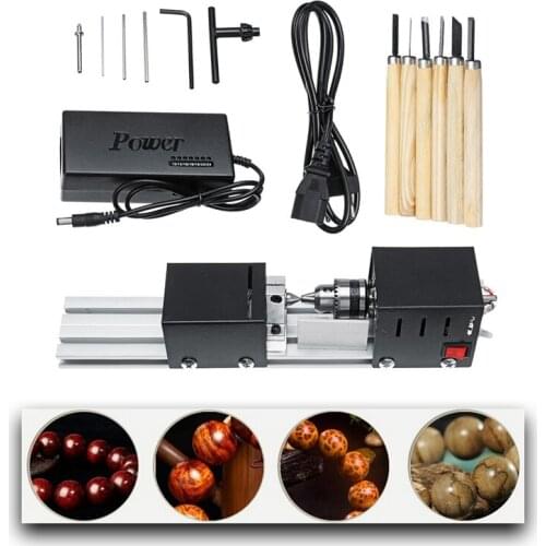 200W DC12-24V Mini Lathe Beads Machine Woodwork DIY Lathe Standard Set with Power Carving Cutter Wood Lathe+ 6 Carving Blade