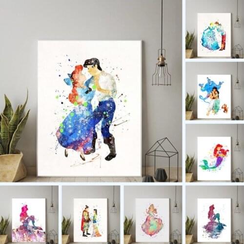 Watercolor Cartoon Disney Princess Little Mermaid Canvas Paintings Posters and Print Nursery Wall Art for Living Room Cuadros