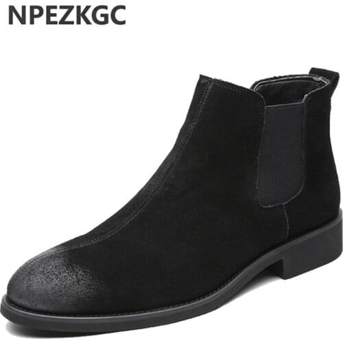 Fashion Winter Men Chelsea Boots Brown Slip-On Cow Leather Trend Man Leisure Ankle Boots Black High Top Casual Shoes