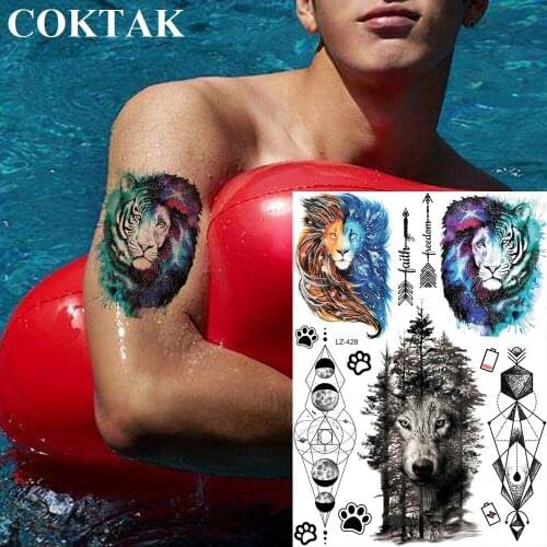 COKTAK Watercolor Galaxy Lion Tiger Temporary Tattoos For Men Women Forest Wolf Tatoo Body Art Flash Fake Arm Leg Tattoo Sticker