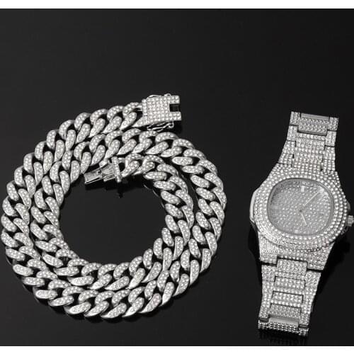D&Z 1 Set Cuban Chain+Watch 13mm Cuban Link Chain For Men Iced Out Bling Rhinestone Watch Homme Fashion Jewelry Wholesale