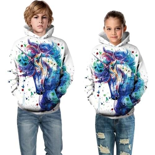 Spring Autumn Kids Fashion 3D Hoodies Boys Girl Animal Unicorn Horse Watercolor Paint Rainbow Printing Children Sweatshirts
