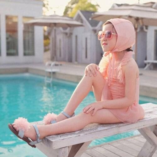 Baby Children Girls Swimsuit Lovely Pink Kids Girl Cap+Swimsuit 2Pcs Set Swimming Sunscreen Bikini Suit Baby Girl Swimwear Suits