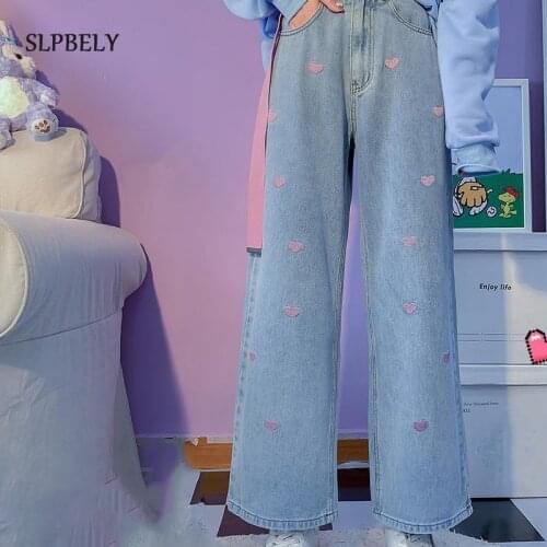 SLPBELY Heart Print Jeans Pants Sweet Embroidery High Waist Pants Denim Pants For Women Wide Leg Jeans Trousers Winter Autumn