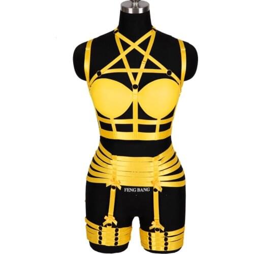 Yellow Lingerie Harness Bra Elastic Chest Pentagram Thigh Garter Bow-knot Women Sexy Cage Waist Suspender Punk Gothic Dance