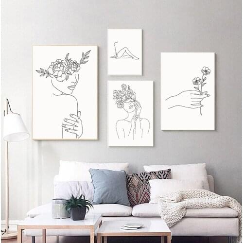 Sexy Girl Line Drawing Wall Art Canvas Poster Abstract Line Art Painting Yoga Poster Flower Print Wall Pictures Home Decor