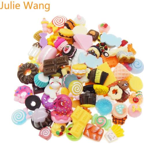 Julie Wang 100PCS Mixed Resin Cake Bread Candy Icecream Lollipops Cabochon Slime Charm Decoration DecorJewelry Making Accessory