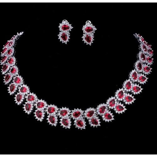 Emmaya Wedding Jewelry Sets Bridal Necklace Set for Women Teardrop White Red Zircon Jewelry Set Silver Color Engagement