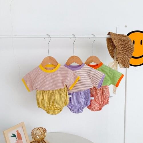 FOCUSNORM 0-24M Summer Lovely Baby Girls Boys Clothes Sets Striped Printed Short Sleeve Pullover Tops Shorts 2pcs