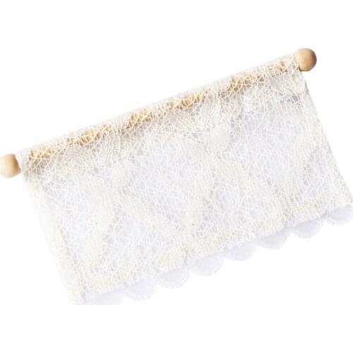 Short 1/12Dollhouse Miniature Lace Curtain/Drape With Wooden Rod Decor White