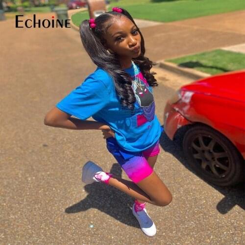 Echoine Summer Suit Print Short Sleeve tops and Gradient shorts Women Set Fitness Sport Two Piece set Tracksuit Active Outfits