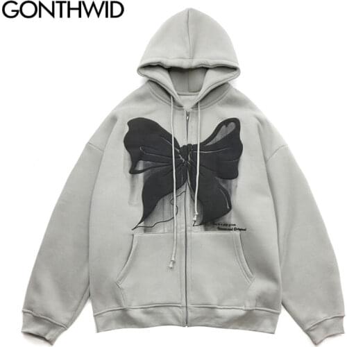 GONTHWID Hooded Jackets Bow Print Full Zipper Hoodies Coats Streetwear Harajuku Casual Loose Sweatshirts Hip Hop Fashion Tops