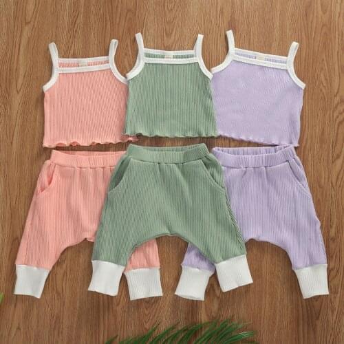 Newborn Baby Girl Summer Clothes Outfits Sleeveless Halter Tank Cami Top Harem Pants Solid Ribbed Solid Clothes Set 0-3 Years