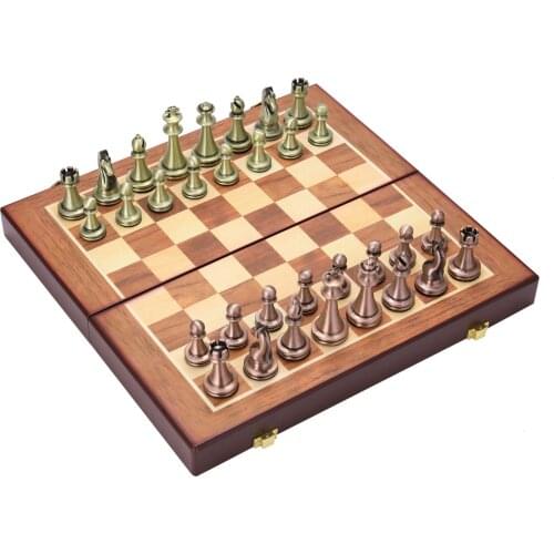 Metal Chess Metal Chess Pieces Wooden Folding Chessboard Alloy Board Game Chessboard Gift