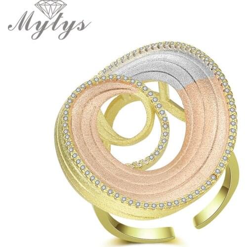 Mytys Three Tone Gold Round Water Ripple Shape Rings for Women New Fashion Machine Matt Frosted Ring Open Cuff Adjustable R2050